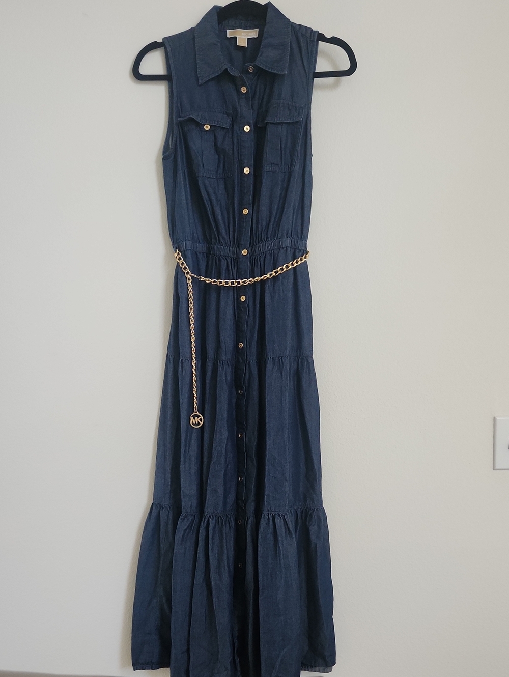 Michael Kors Women's Chain-Belt Tiered Shirtdress Indigo Rinse